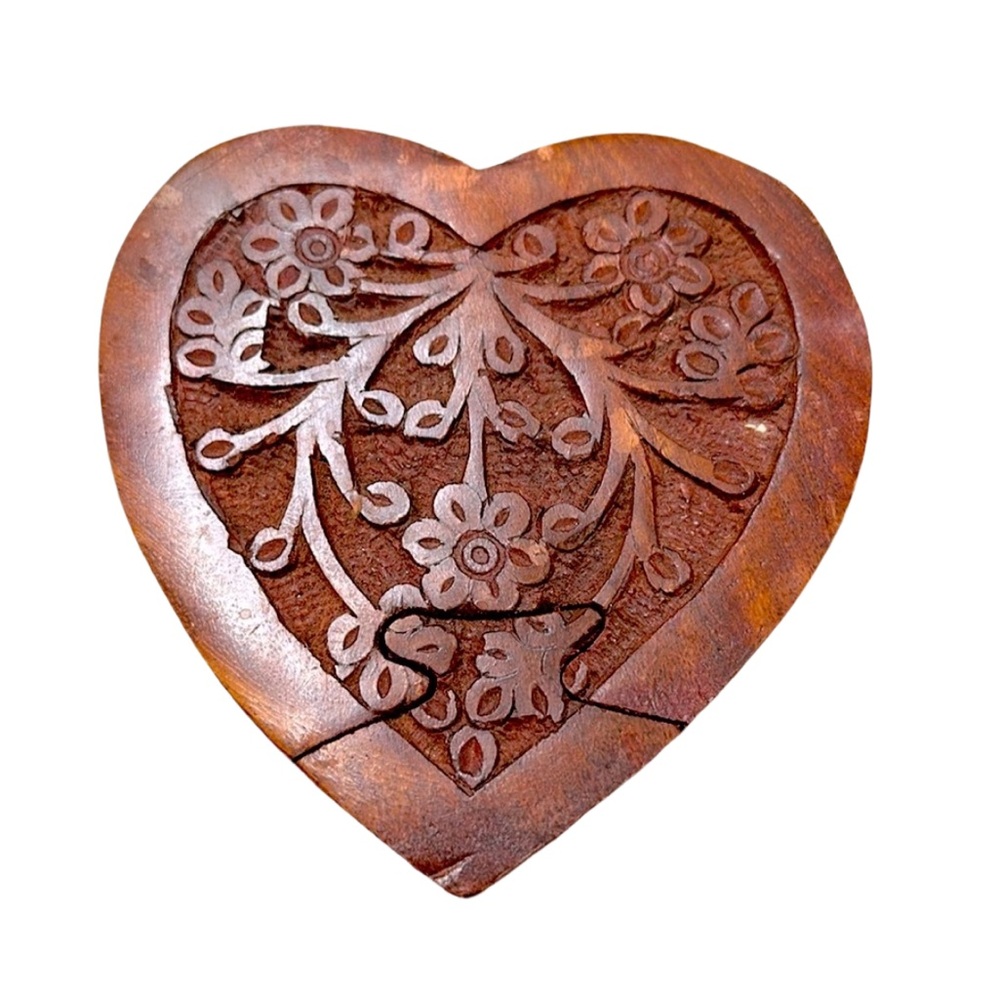 Wood Puzzle Trinket Jewelry Box Hand Carved Heart Shaped Jamaica & Floral Design